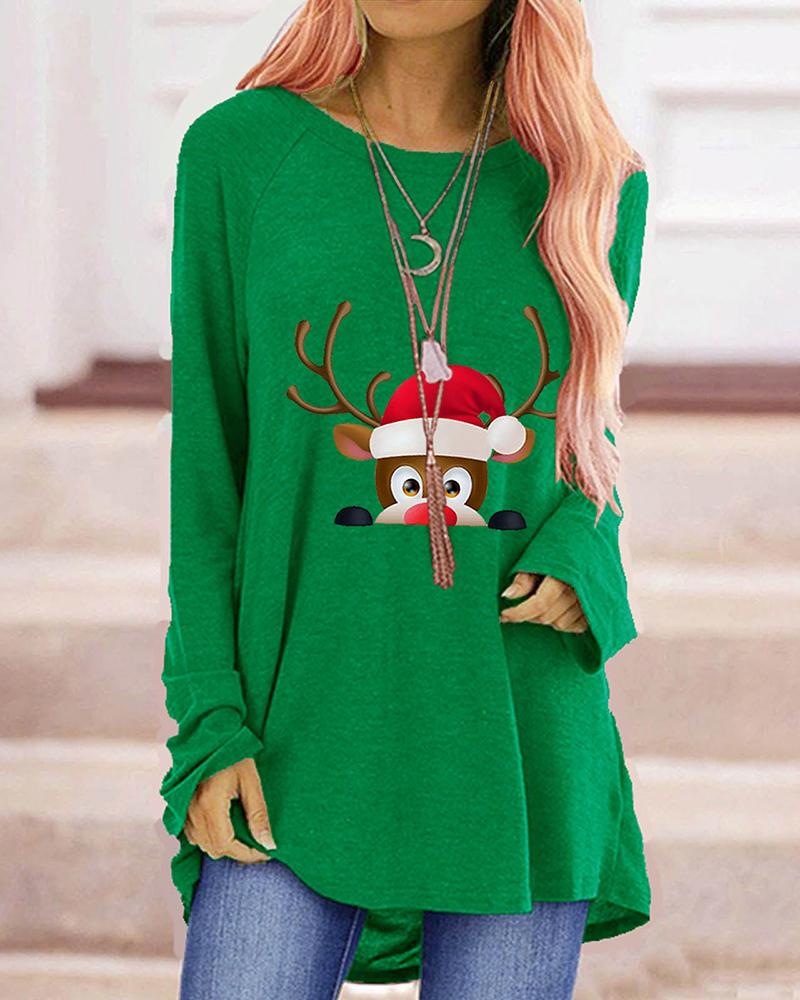 

Christmas Reindeer Print Long Sleeve Top, Green
