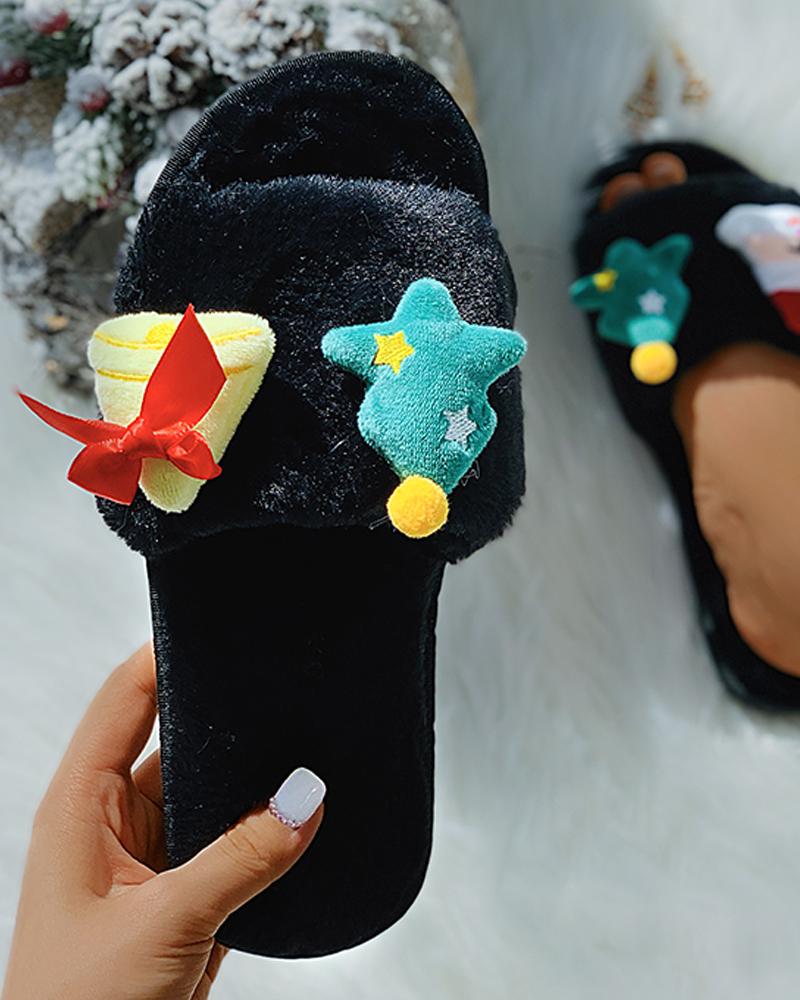 

Christmas Cartoon Pattern Fluffy Slippers, Black