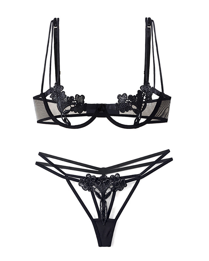 

Plain Floral Lace Cutout Lingerie Set, Black