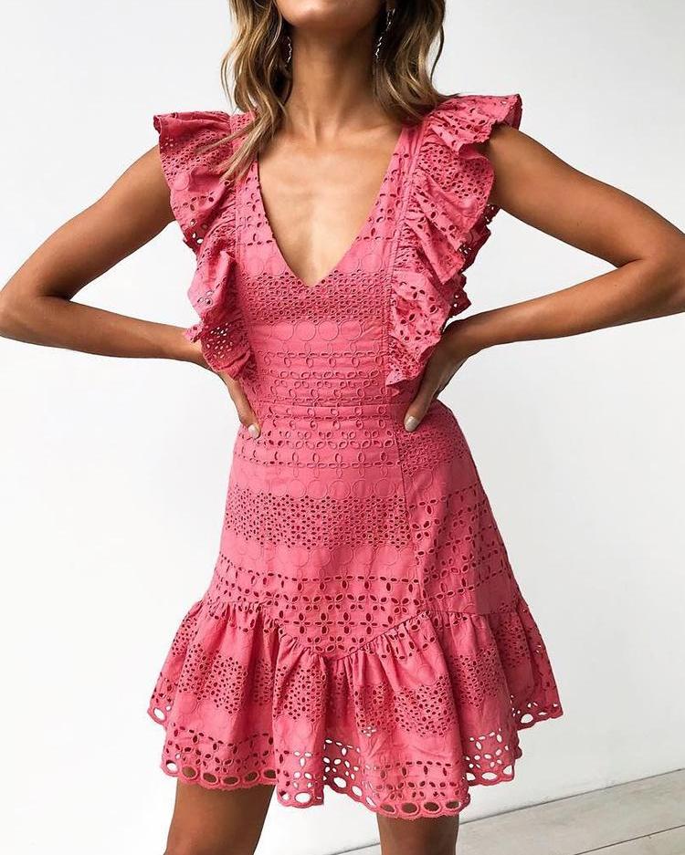 

Hollow Out Trim Ruffles Solid Mini Dress, Pink