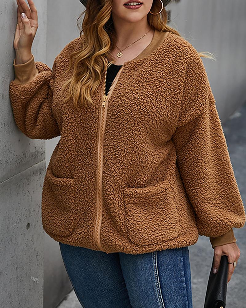 

Plus Size Pocket Design Zip Teddy Coat, Khaki