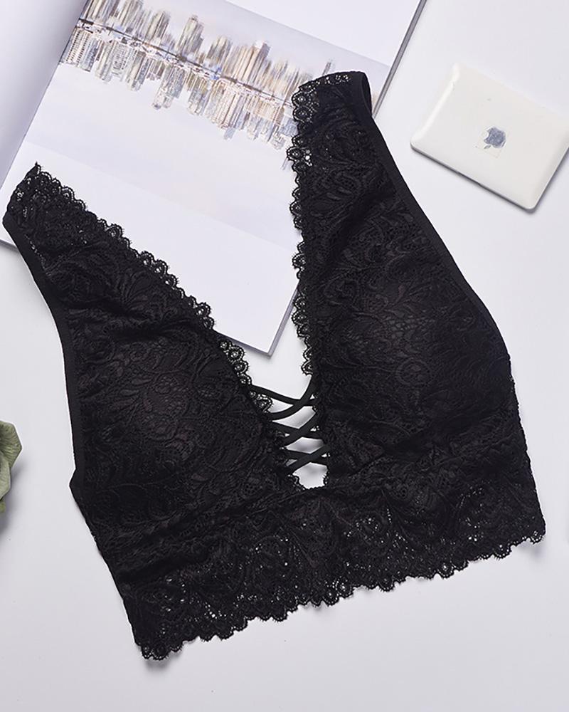 

Lace-up Crochet Lace Bralette Crop Top Wireless Underwear, Black