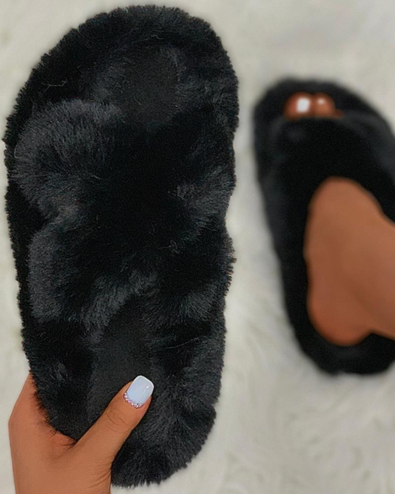 

Bandage Peep Toe Fluffy Slippers, Black