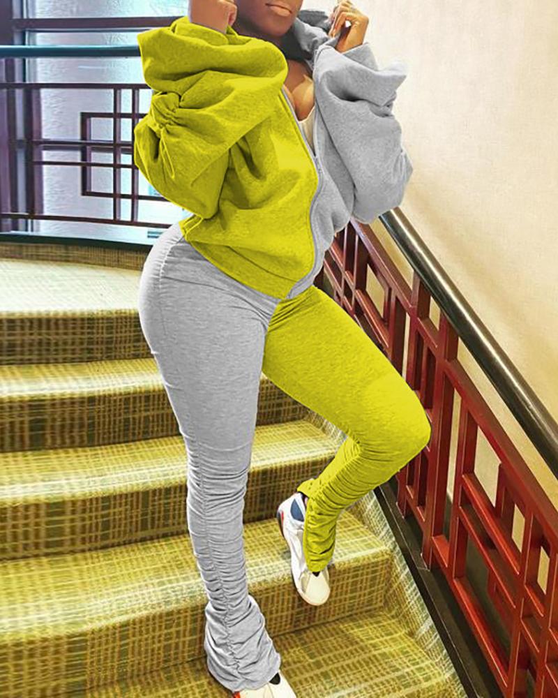 

Cold Shoulder Zipper Design Hooded Top & Ruched Pants Set, Yellow