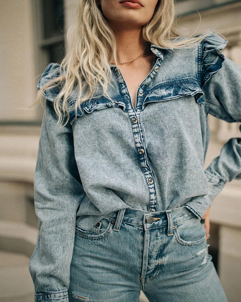 

Ruffles Trim Button Front Casual Denim Shirt, Gray