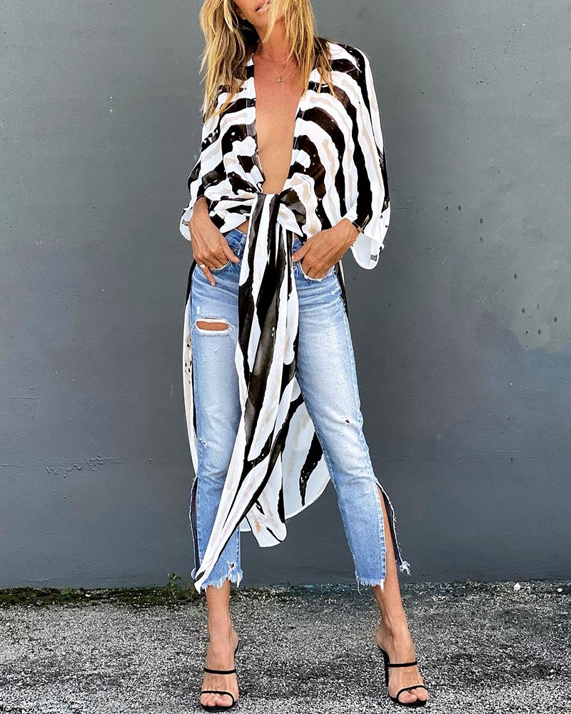 

Open Front Printed Long Sleeve Cover Up, Style2