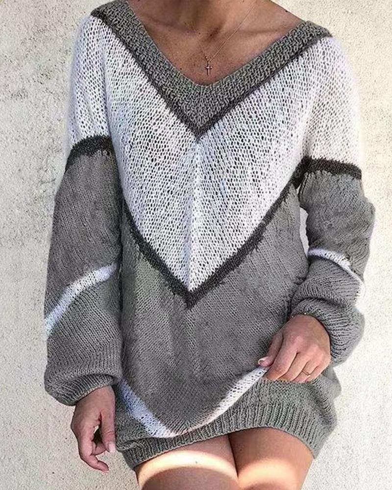 

Geometric Color Block Long Sleeve Sweater, Gray