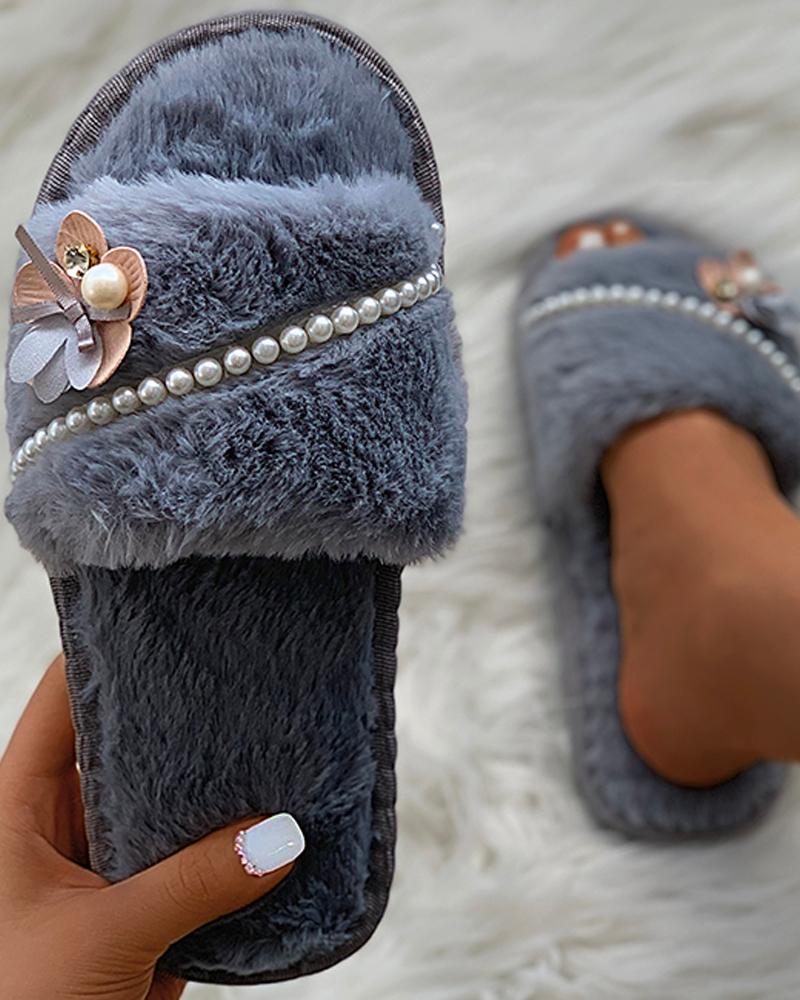 

Floral Pattern Beaded Fluffy Slippers, Gray