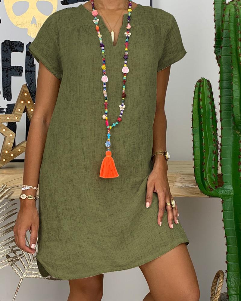 

V-Cut Short Sleeve Casual Dress, Green