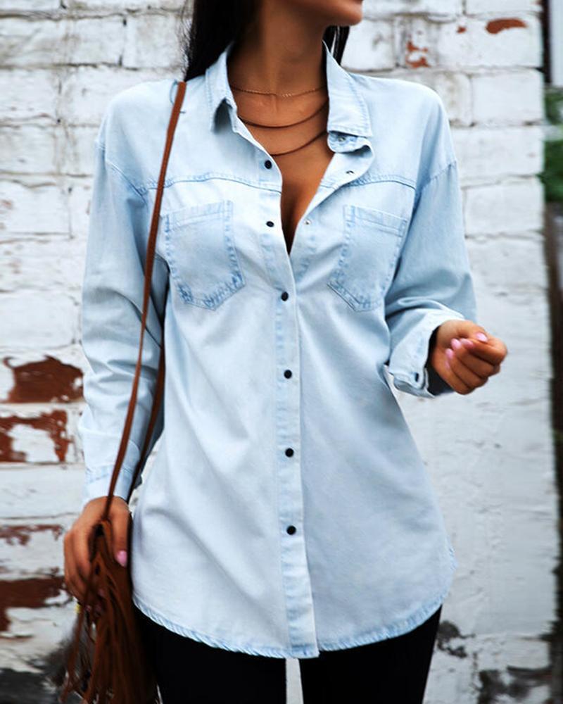 

Solid Long Sleeve Pocket Patchwork Button-up Denim Blouse, Blue