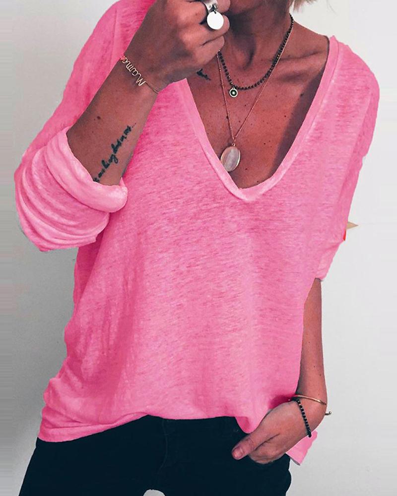 

Solid Brief V-neck Loose T-shirt, Hot pink