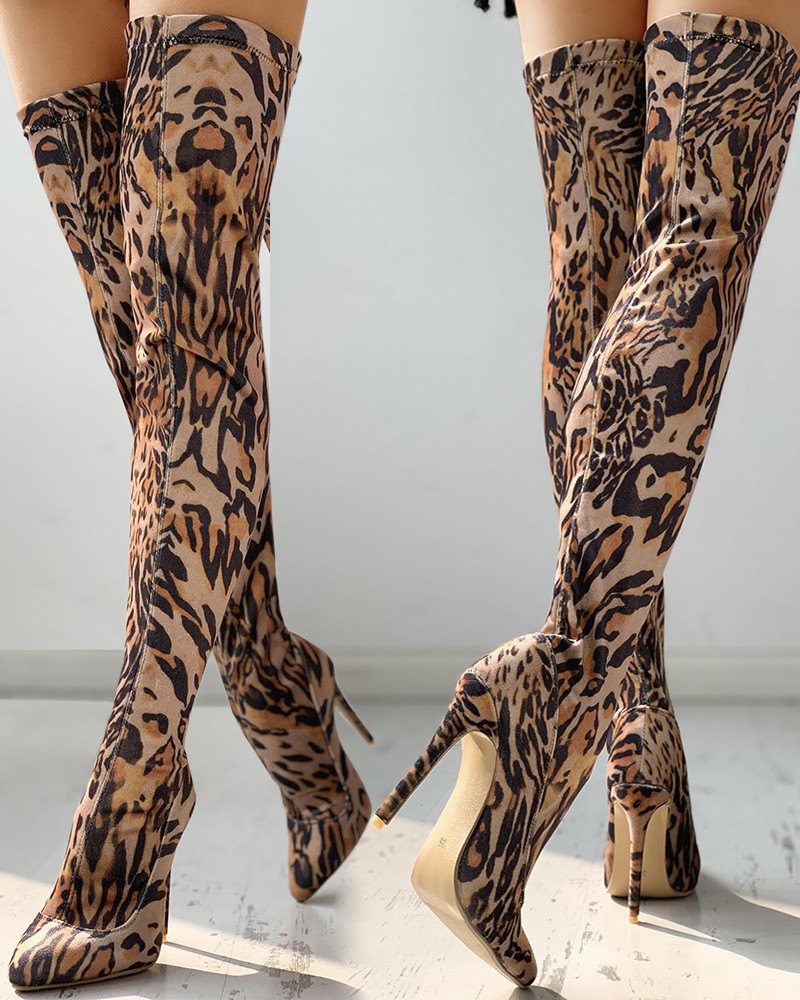 Leopard Print Thin Heeled Thigh High Boots 5659