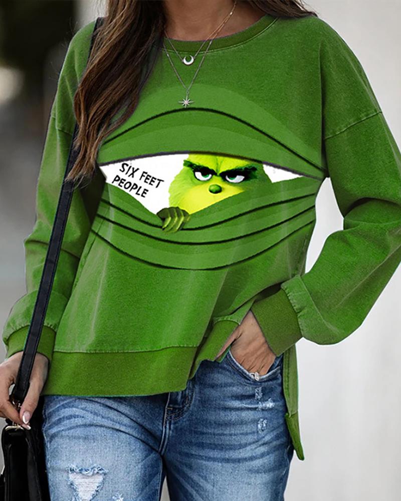 

Christmas Cartoon Letter Print Sweatshirt, Green