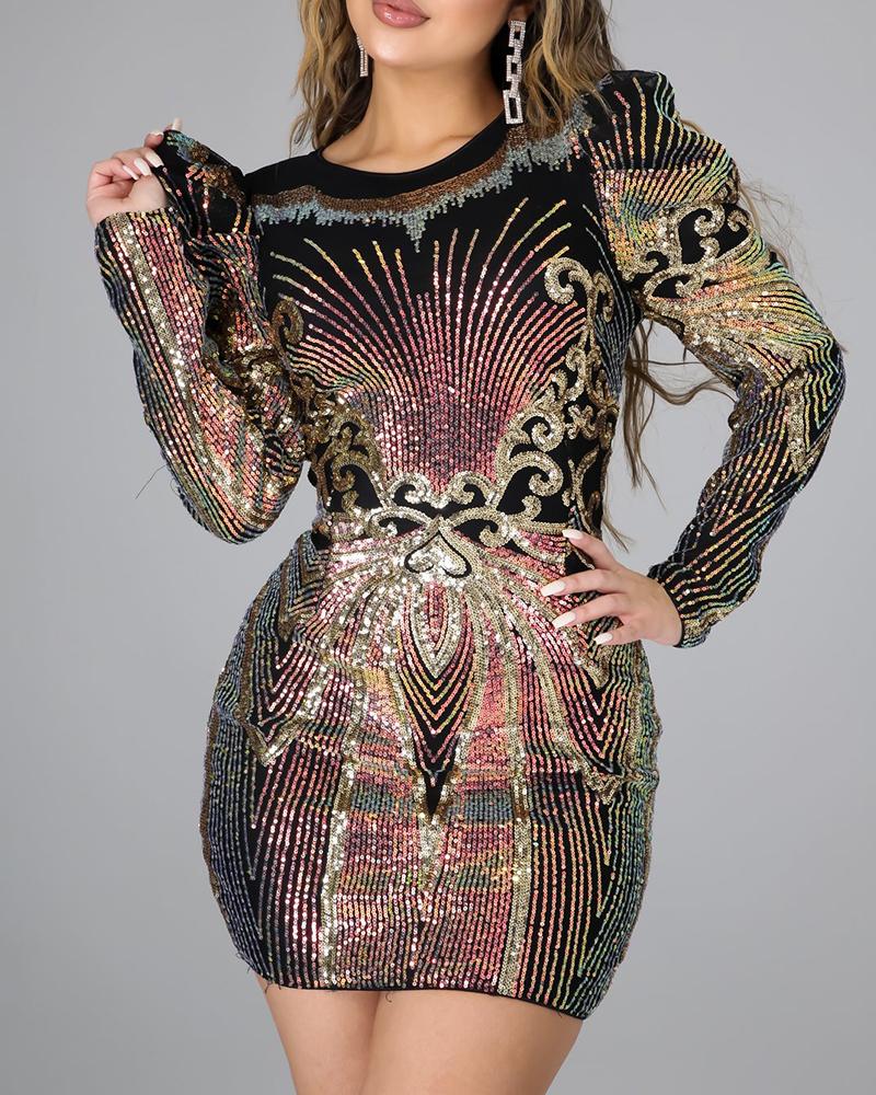 

Sequins Colorblock Puff Sleeve Bodycon Dress, Multicolor
