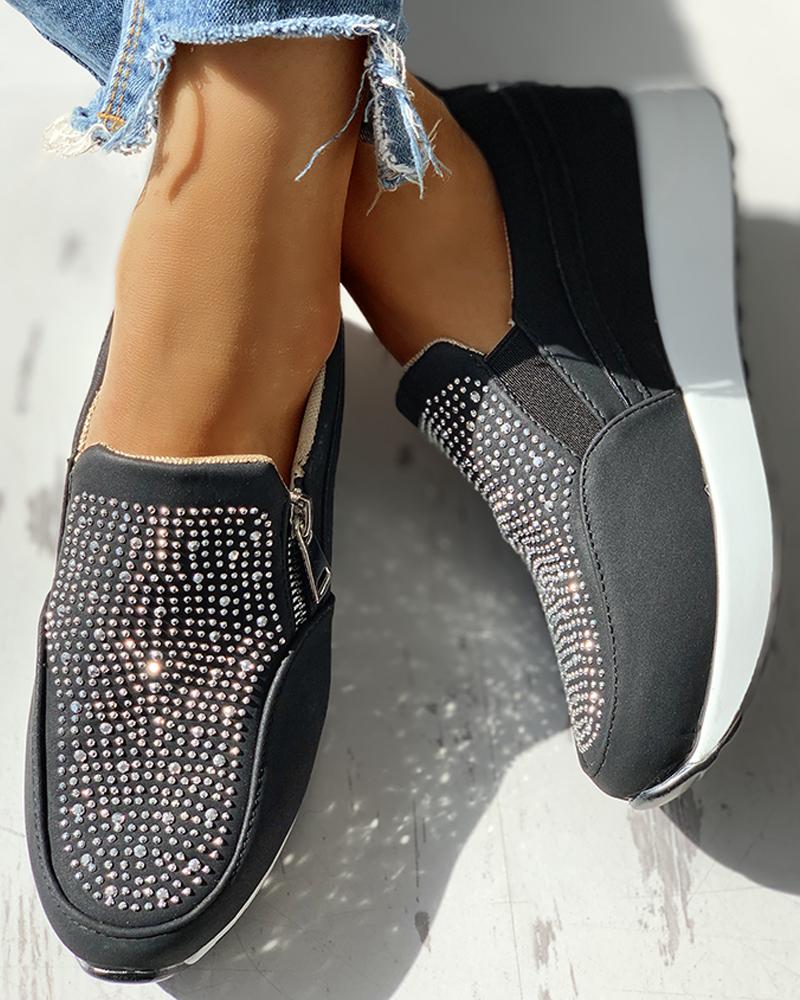

Suede Beads Design Zipper Platform Casual Sneakers, Black