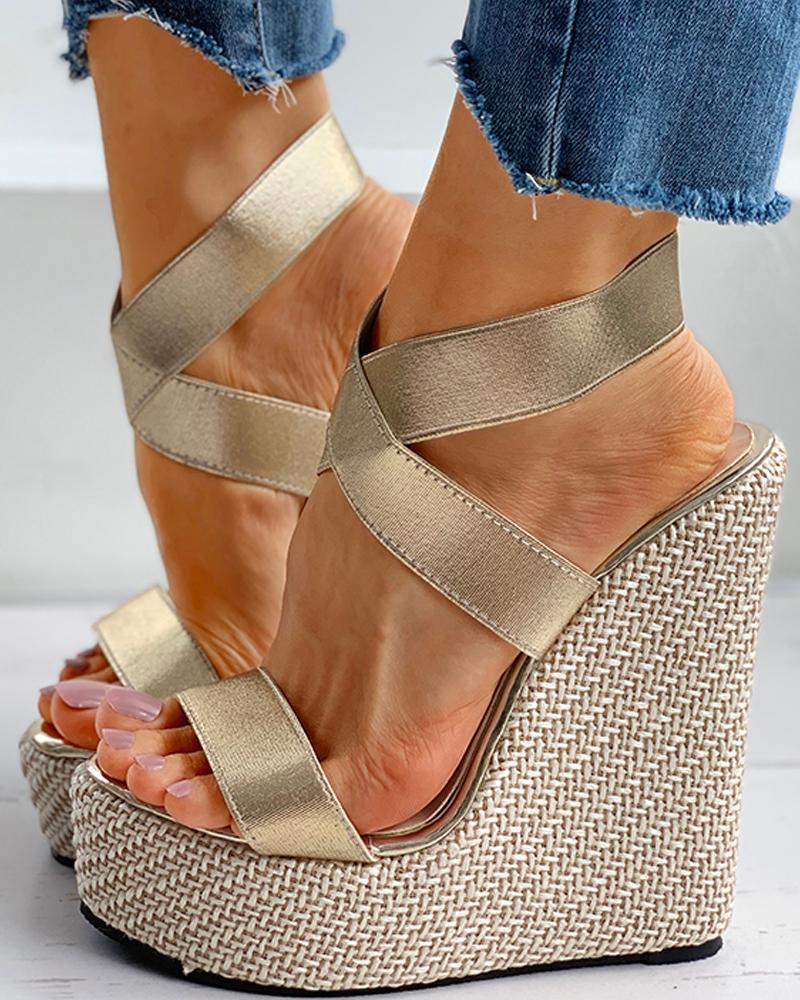 

Solid Satin Peep Toe Wedge Sandals, Gold