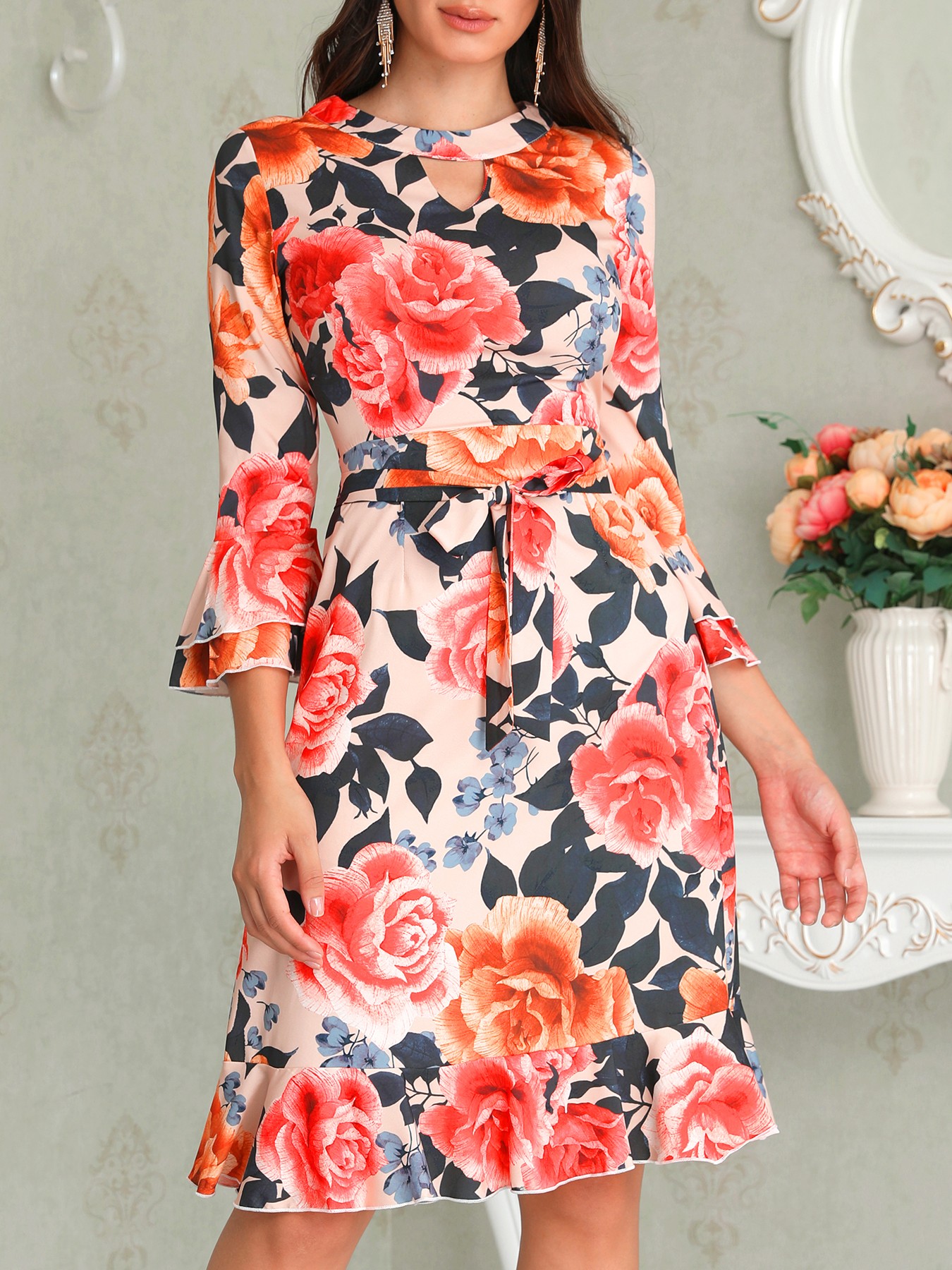 Floral Print Cutout Ruffles Flared Sleeve Casual Dress