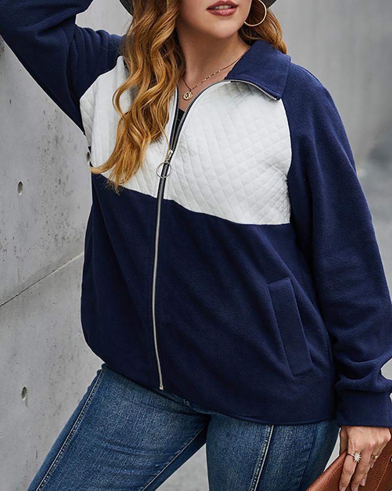 

Plus Size Colorblock Zipper Pocket Design Coat, Dark blue