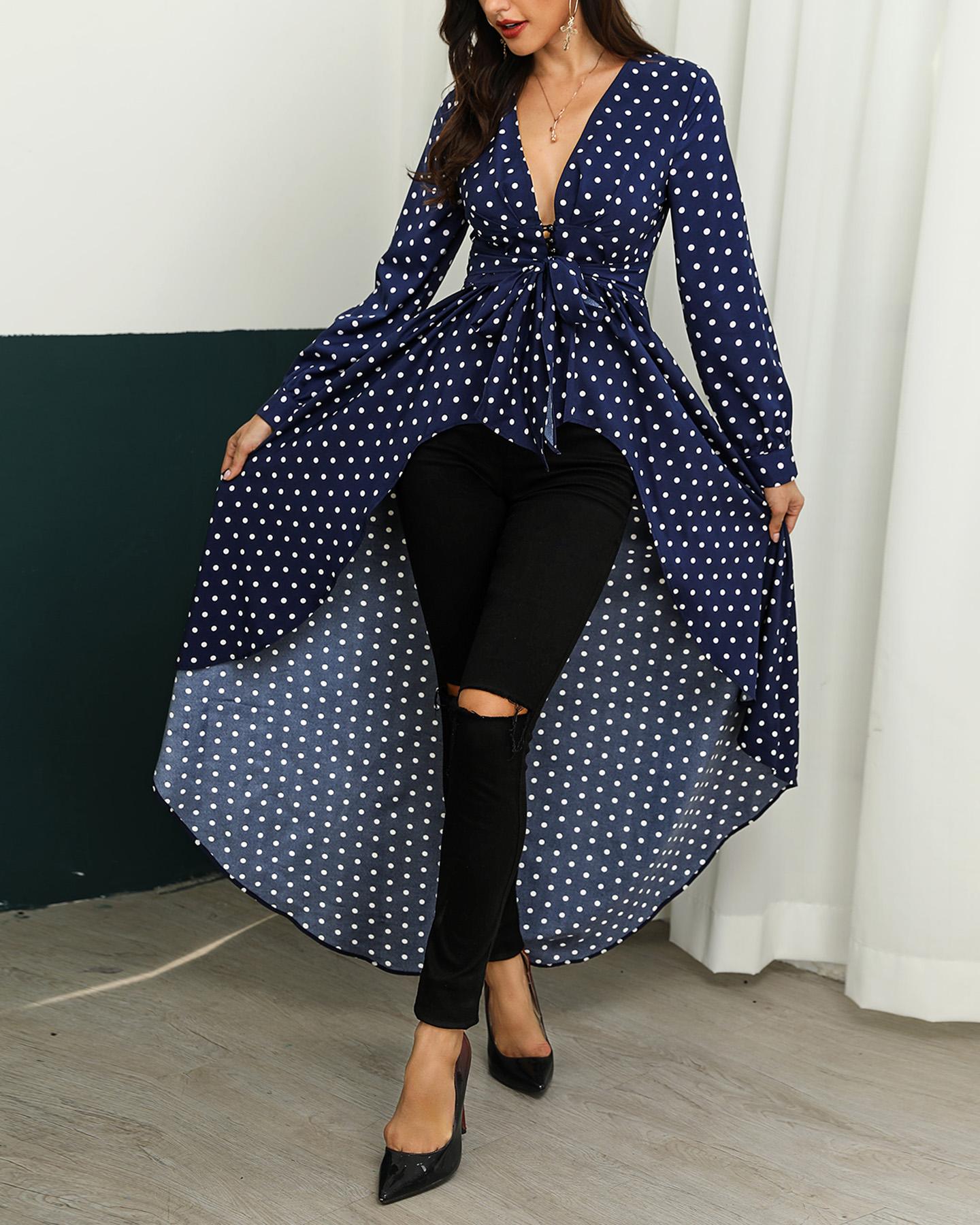 

Dot Print Ruffles Dip Hem Blouse, Purplish blue