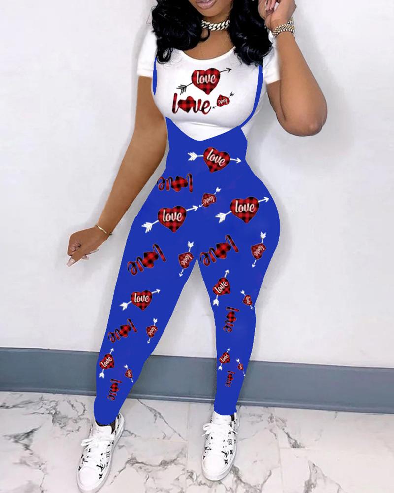 

Heart Letter Houndstooth / Plaid Print T-shirt & Suspender Pants Set, Blue