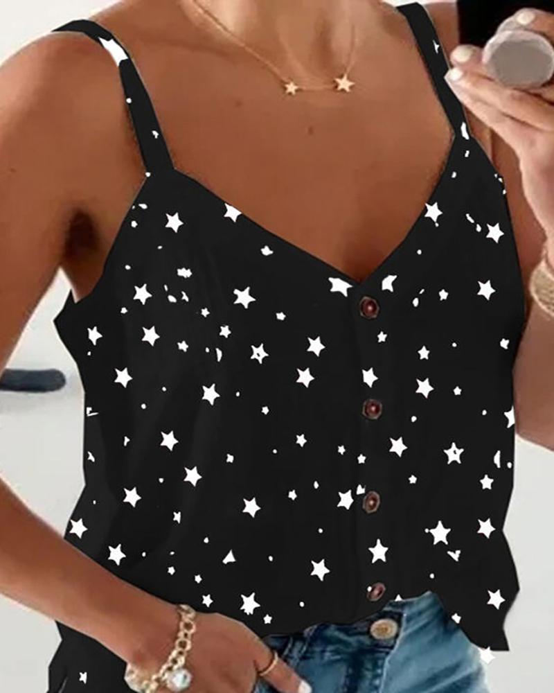 

Button Front Star Print Spaghetti Strap Top, Black