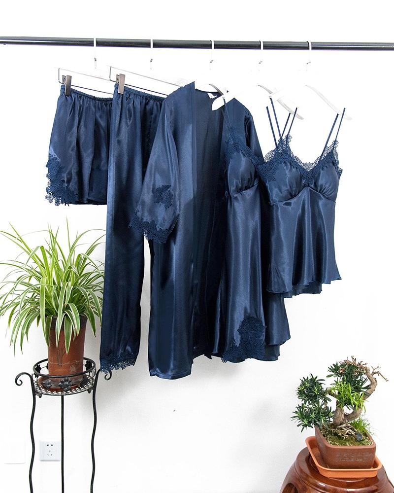 

Satin Slim Fit 5Pcs Pajama Set, Blue