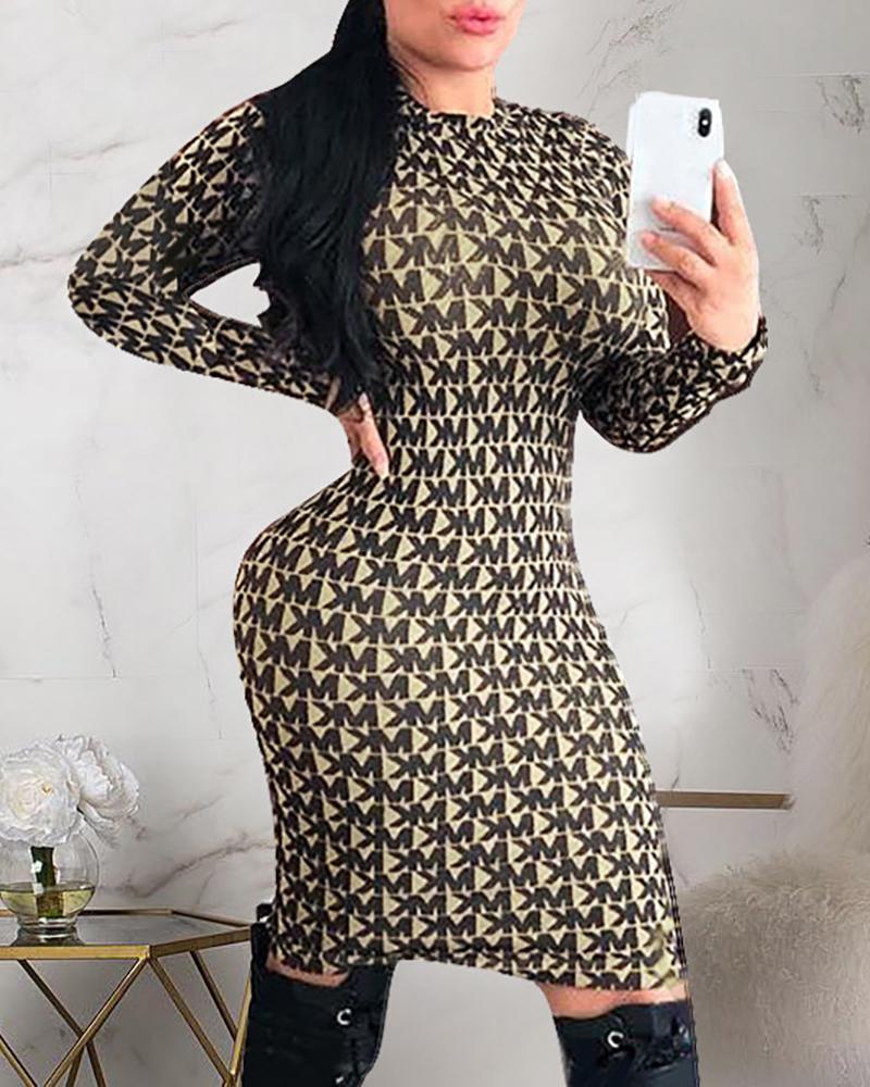 

Round Neck Print Long Sleeve Bodycon Dress, Brown