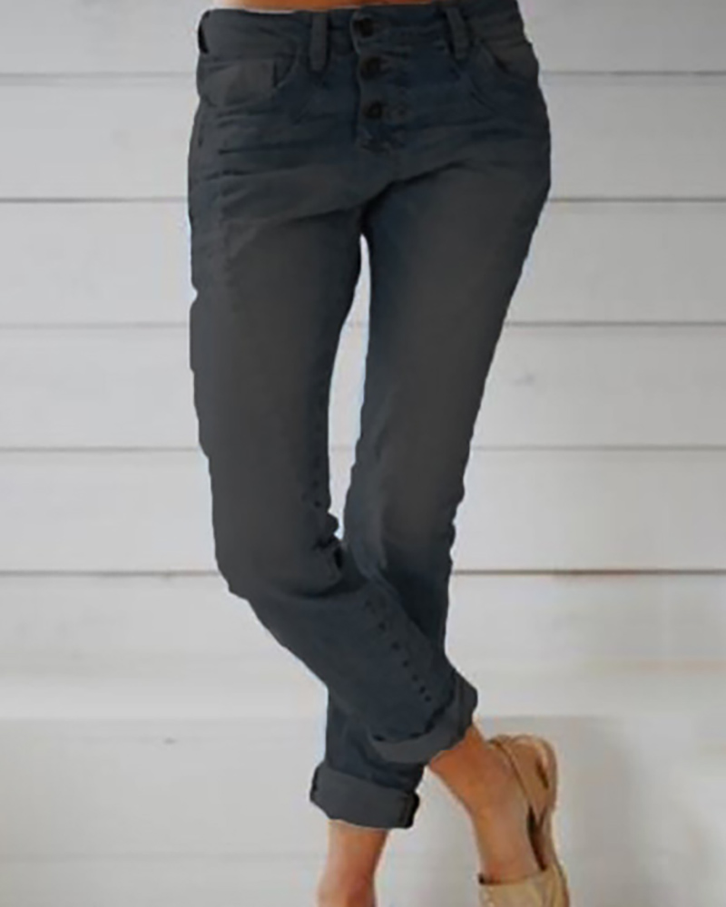 

Buttoned Pockets Casual Denim Pants, Black