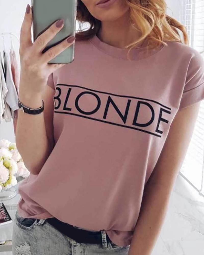 

Round Neck Letter Print Short Sleeve Casual T-shirt, Pink