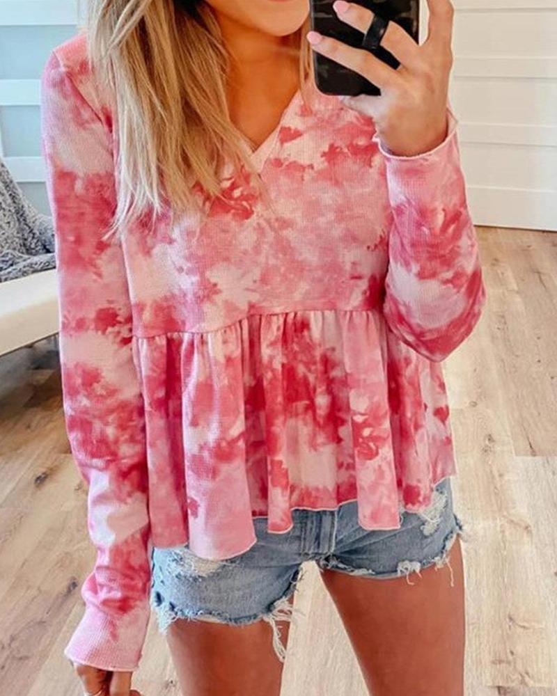 

Tie Dye V Neck Blouse Top, Red