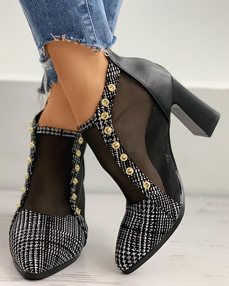 

Houndstooth Rivet Sheer Mesh Chunky Heels, Black