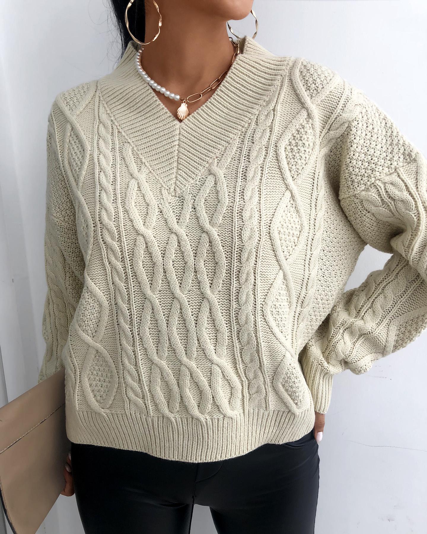 

Cable Knit Plain Long Sleeve Sweater, Apricot