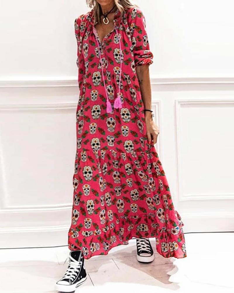 

All Over Print Tassel Design Long Sleeve Dress, Red