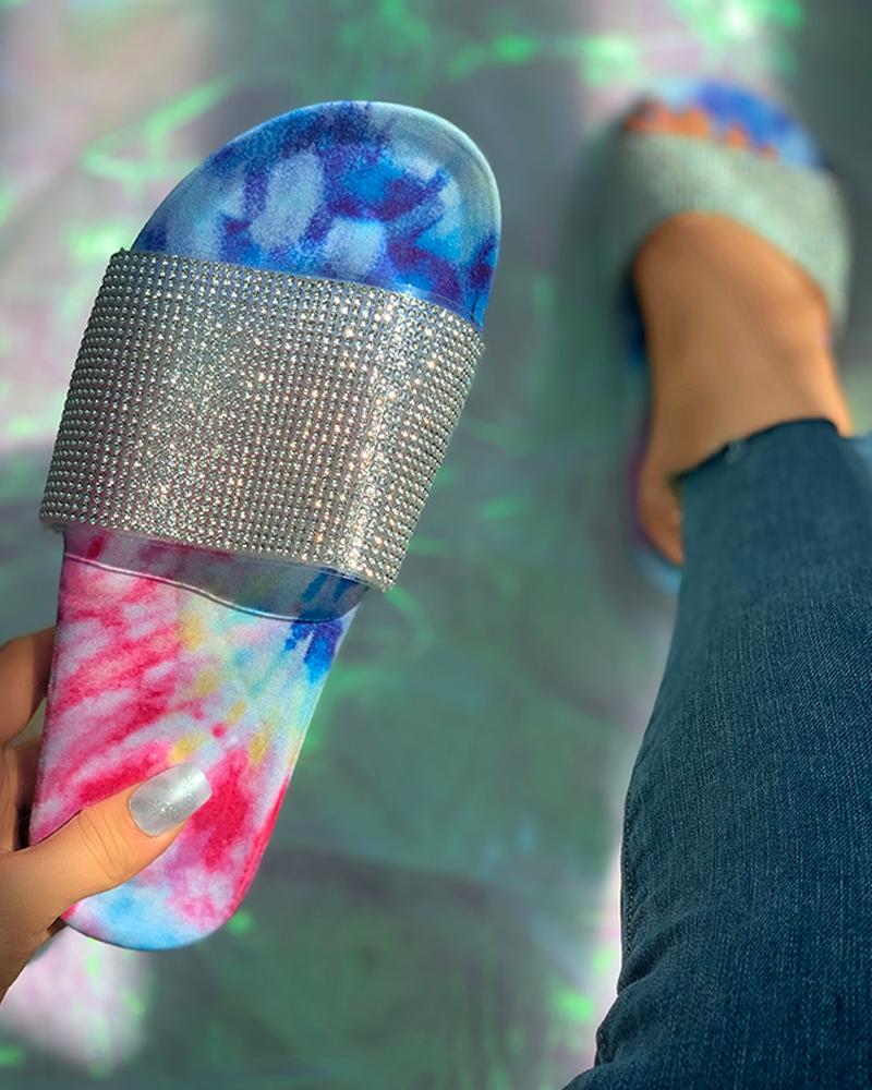 

Studded Tie Dye Open Toe Flat Sandals, Dark blue