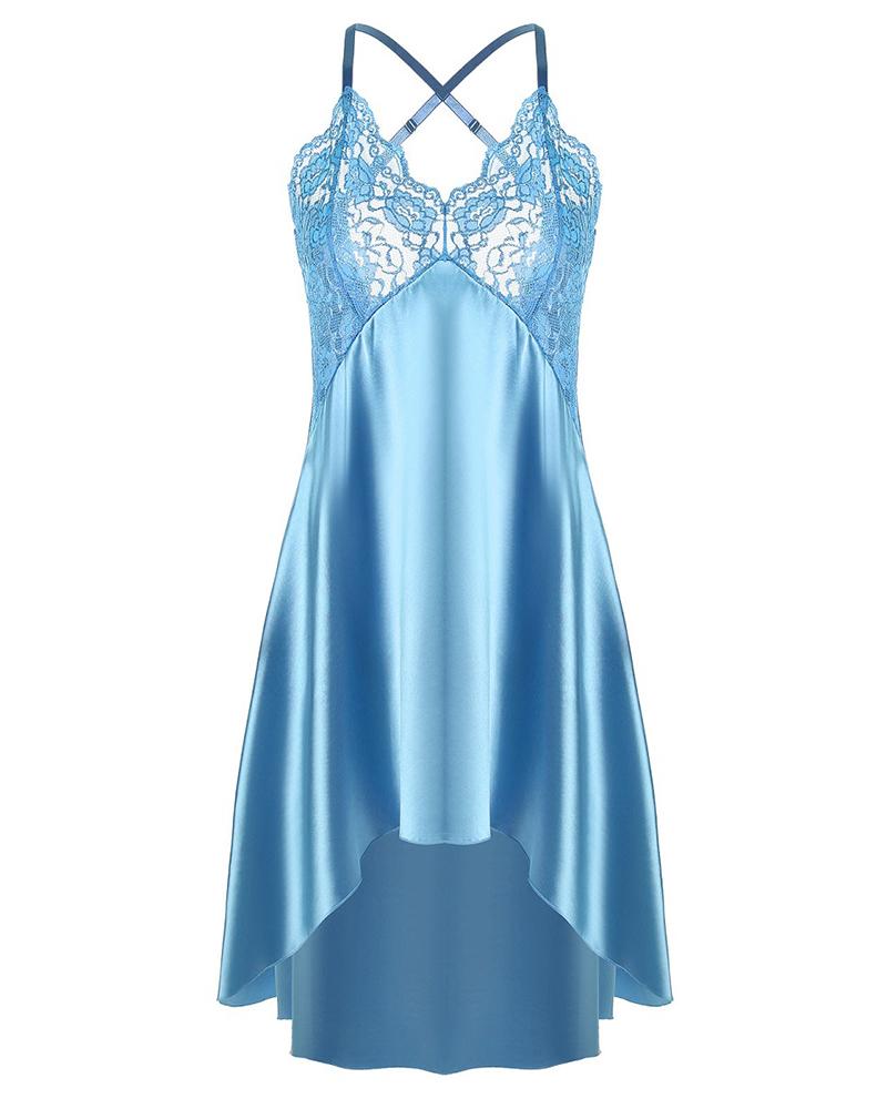 

Satin Backless Lace Dip Hem Sleepshirt, Blue