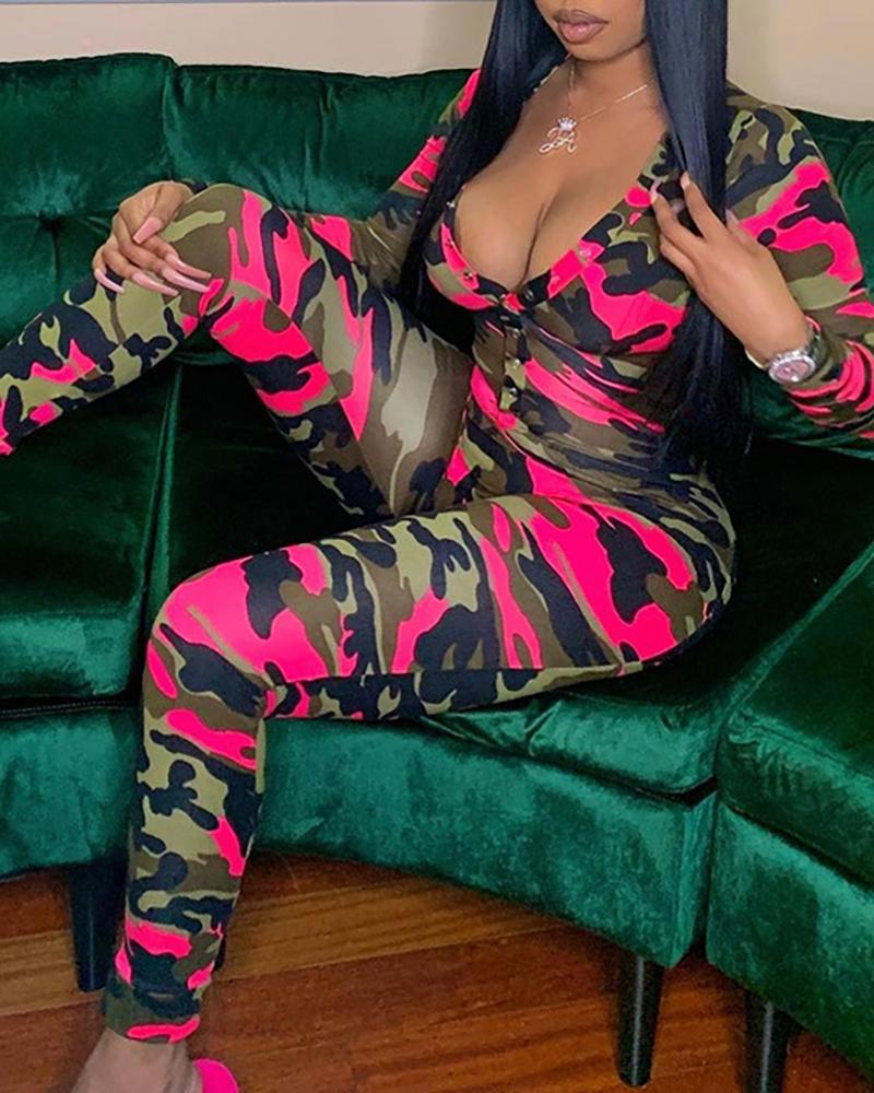 

Camouflage Print Functional Buttoned Design Jumpsuit, Hot pink