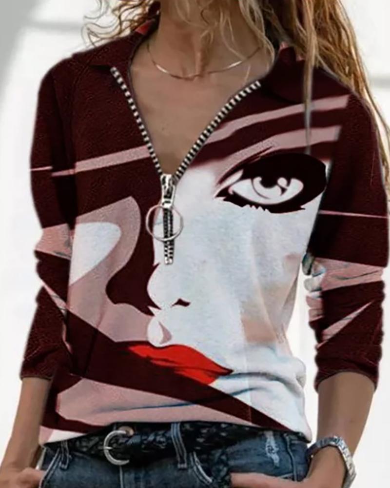

Figure Abstract Print Zipper Design Top, Wine red