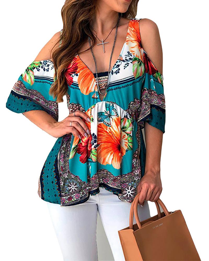

Cold Shoulder V-neck Floral Print Top, Blue