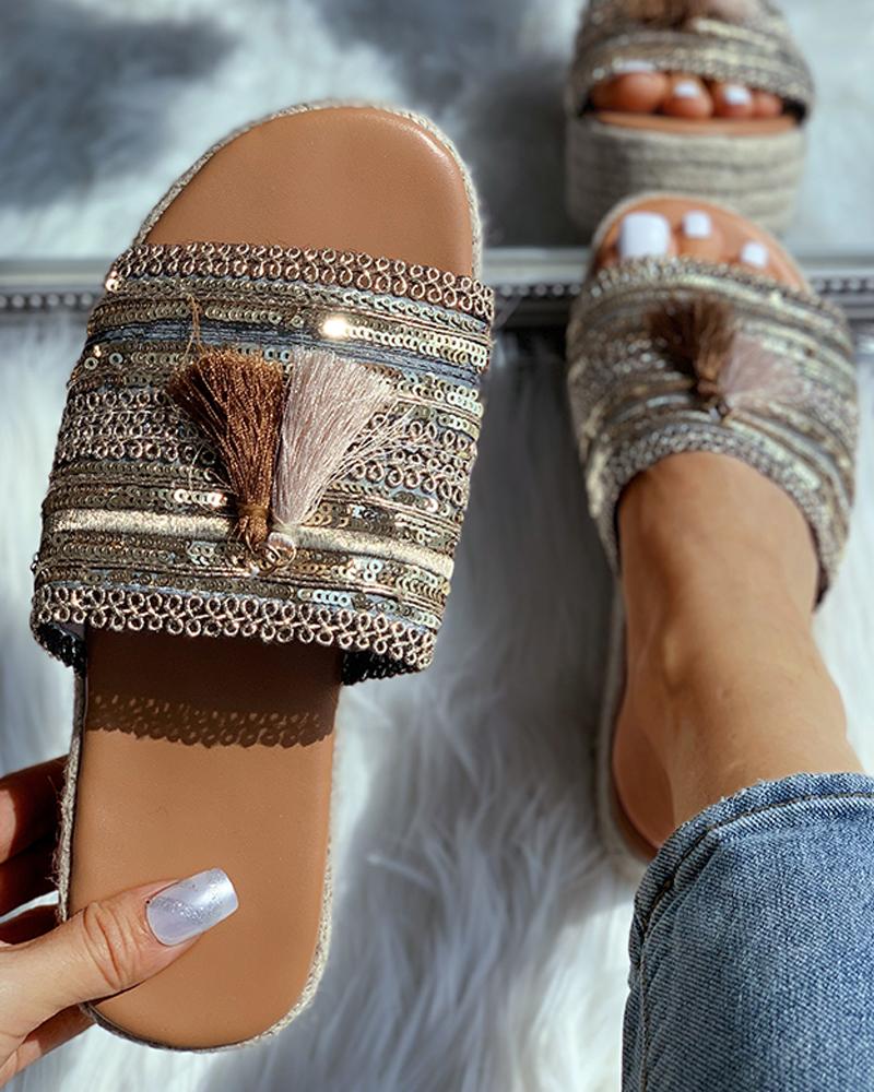 

Tassel Peep Toe Wedge Sandals, Apricot