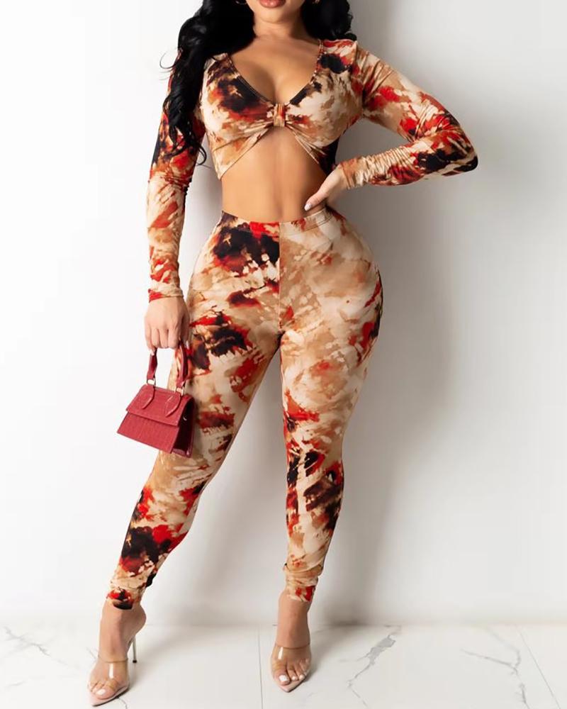 

Colorblock Long Sleeve Knotted Top & Skinny Pants Set, Red