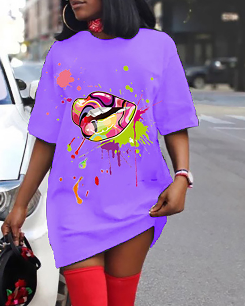 

White Casual Print Split Joint O Neck Lip Print Straight Dress, Purple
