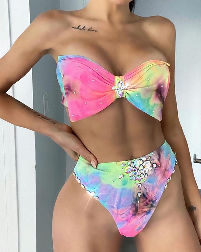 

Rhinestone Tie Dye Print Bandeau Bowknot Bikini Set, Multicolor