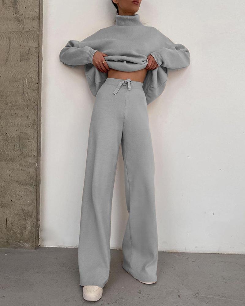 

Plain High Neck Women Top & Drawstring Wide Leg Pants Set, Gray