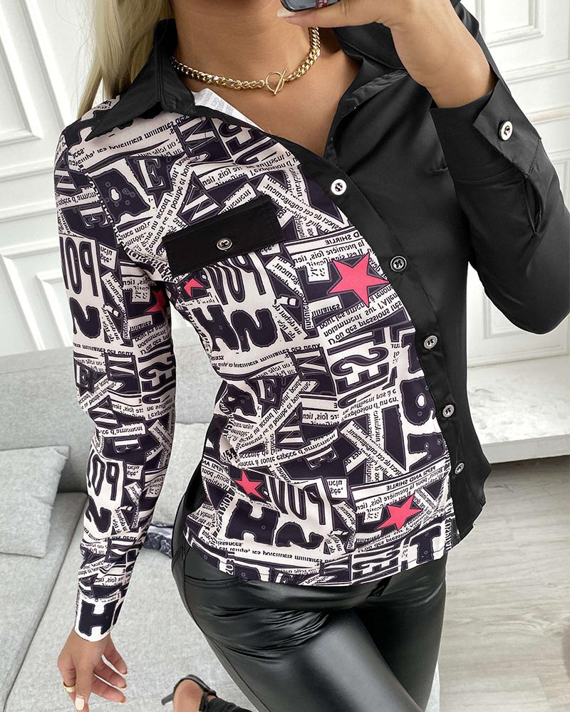 

Letter Print Long Sleeve Buttoned Up Shirt, Style2