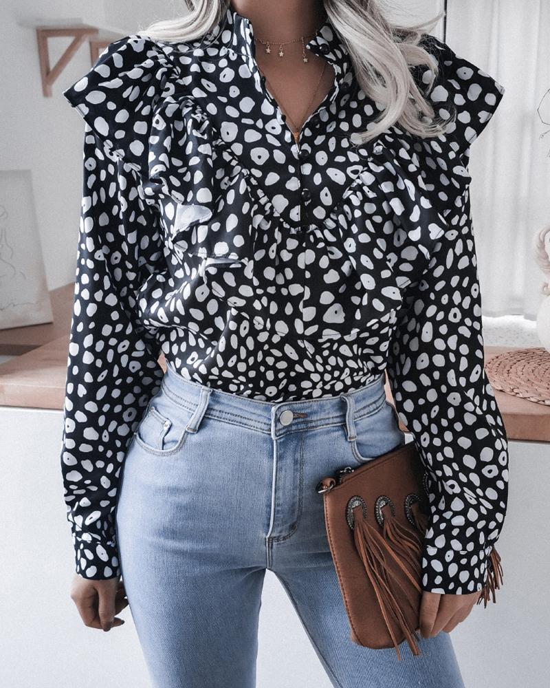 

Ruffles Hem Button Design Long Sleeve Blouse, Black