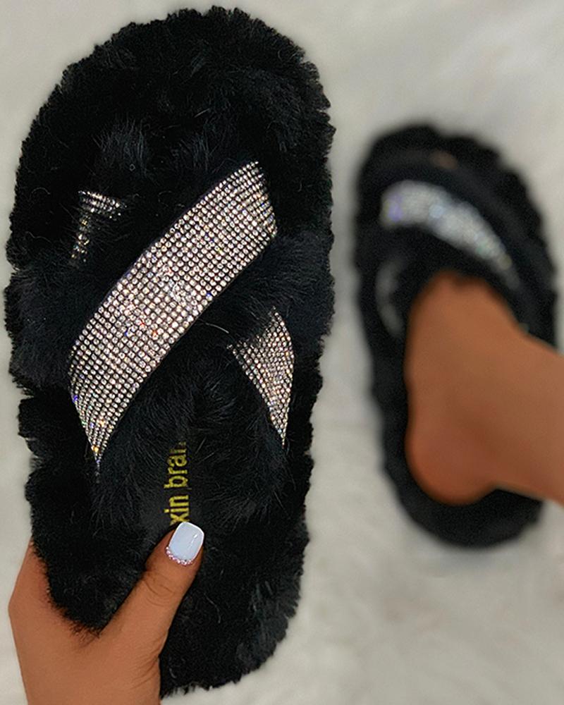 

Studded Cross Fluffy Slippers, Black