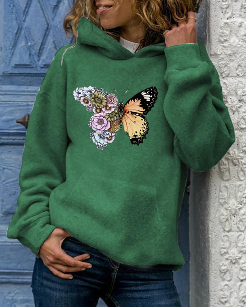

Butterfly Print Pocket Design Hooded Top, Green