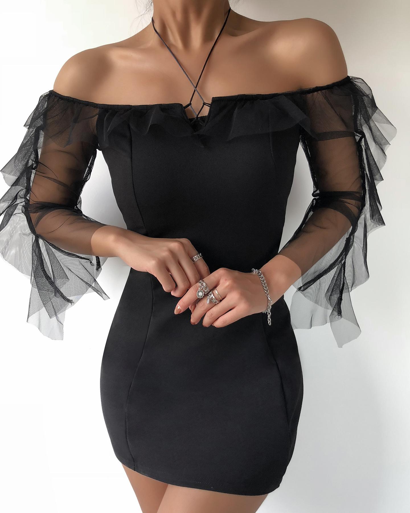 

Off Shoulder Ruffles Sheer Mesh Bodycon Women Dress, Black