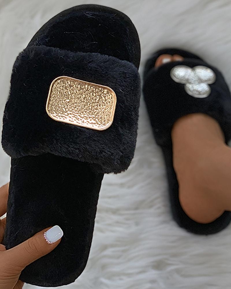 

Geometric Metal Decor Fluffy Slippers, Black