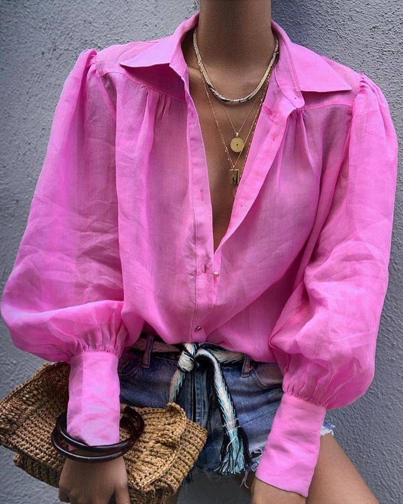 

Plain Lantern Sleeve Casual Shirt, Hot pink